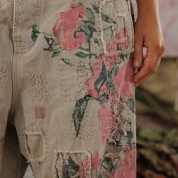 Magnolia Pearl Light Denim Cropped Jeans w/ Pink Flowers & Wide Leg NWT Van Gogh - Picture 3 of 10